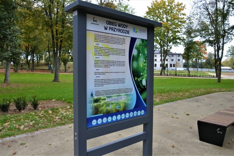 Tablica informacyjna w parku koło turbinki odnośnie obiegu wody w przyrodzie